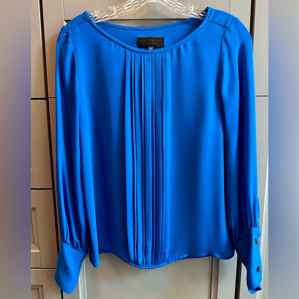 Nili Lotan 100% Silk Blouse | Nili Lotan Royal Blue Long Sleeve Silk Blouse